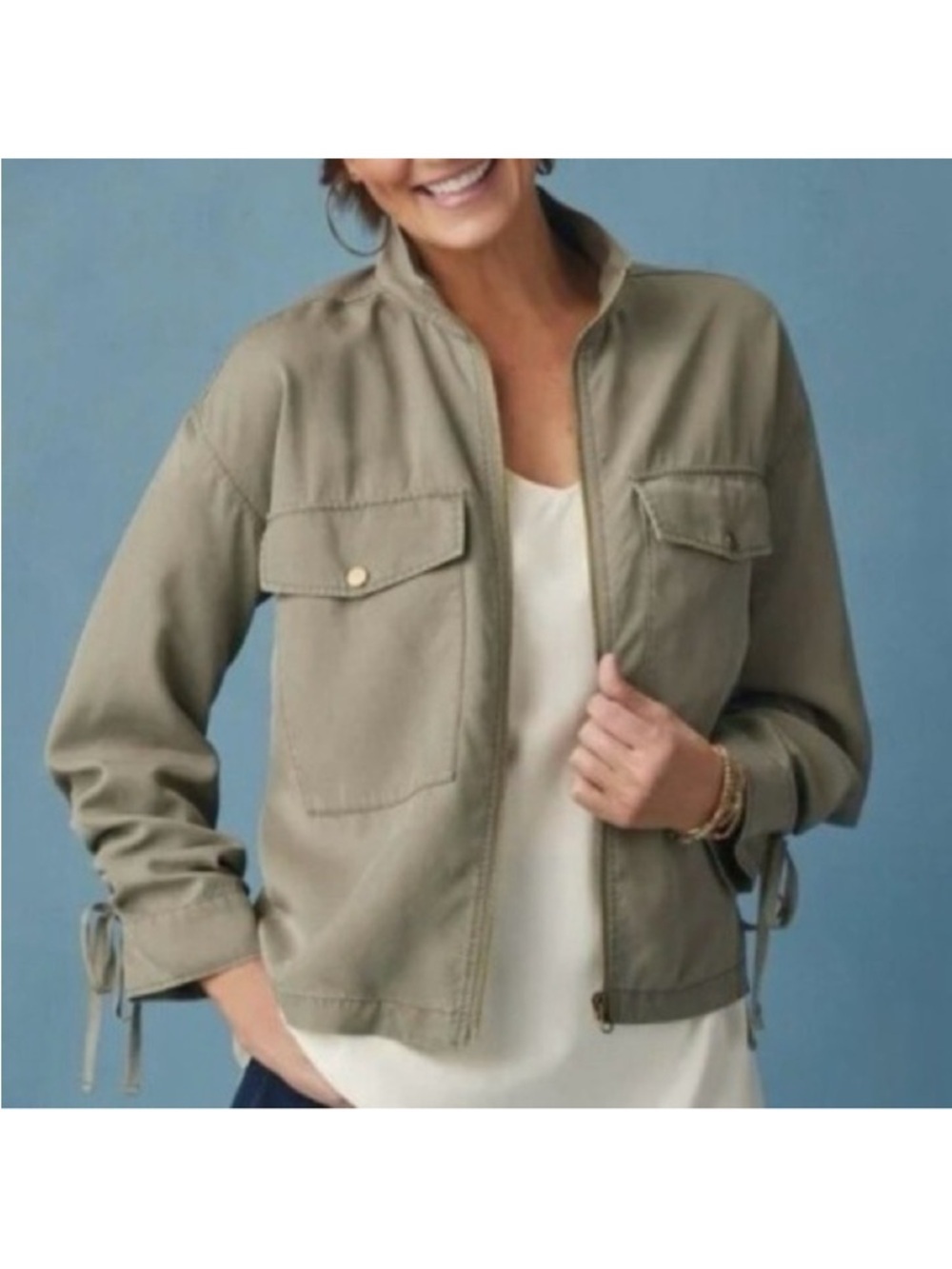 Soft Surroundings XL Full Zip Tencel Jacket Green Khaki Pockets Cargo Drawstring